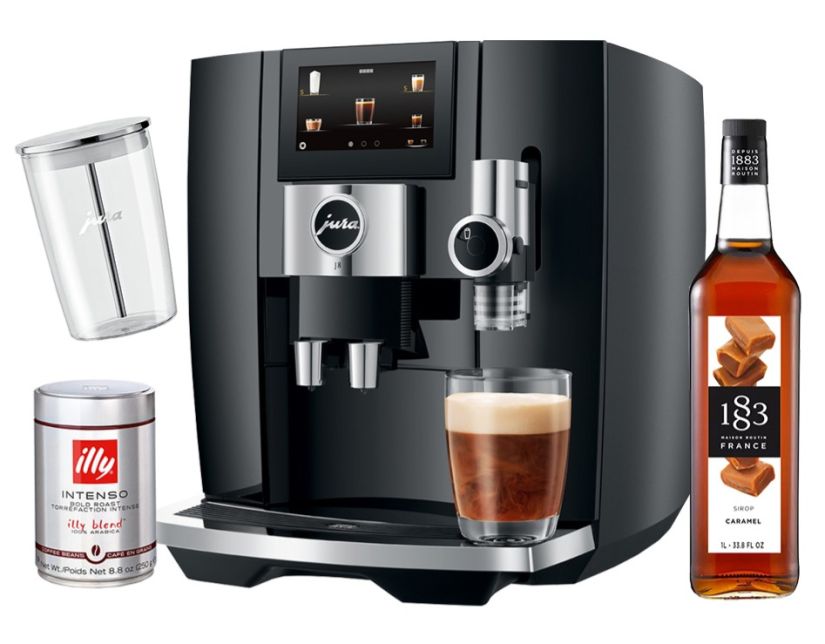 Jura J8 Piano Black -kahviautomaatti + lasinen maitosäiliö + Maison Routin 1883 Caramel makusiirappi 1 l + illy Intenso 250 g kahvipavut