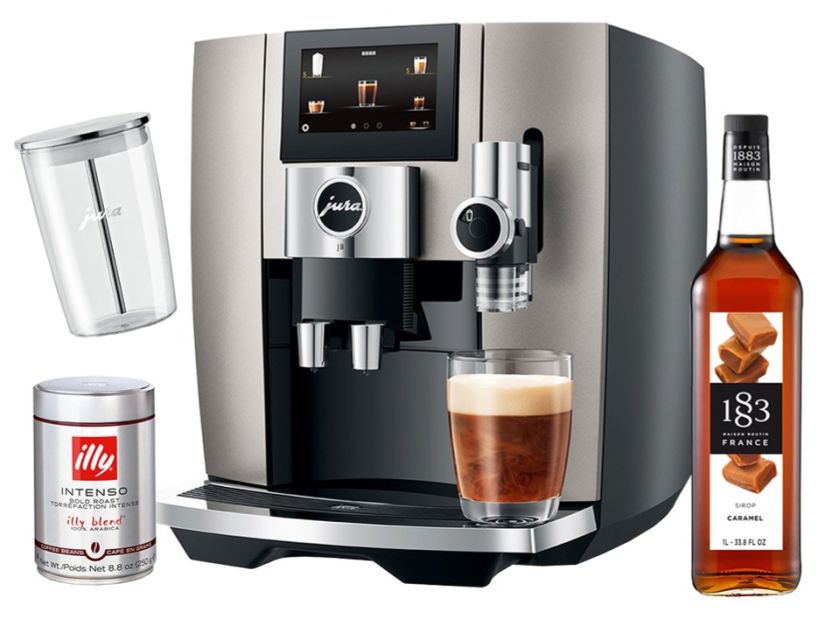 Jura J8 Midnight Silver -kahviautomaatti + lasinen maitosäiliö + Maison Routin 1883 Caramel makusiirappi 1 l + illy Intenso 250 g kahvipavut