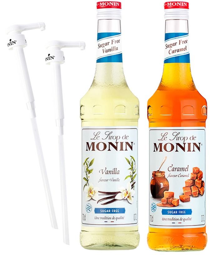 Monin sokeriton Vanille 700 ml + sokeriton Caramel 700 ml + 2 kpl Monin-siirappipumppu
