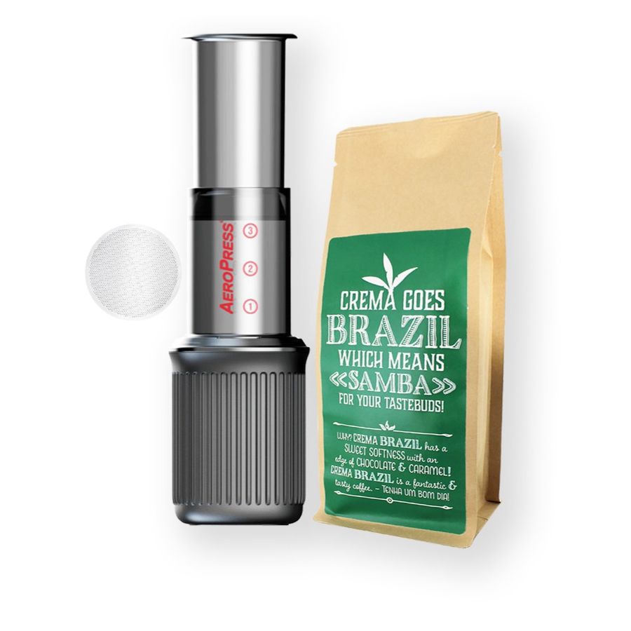 AeroPress Go kahvinkeitin + metallinen kestosuodatin + Crema Brazil 250 g