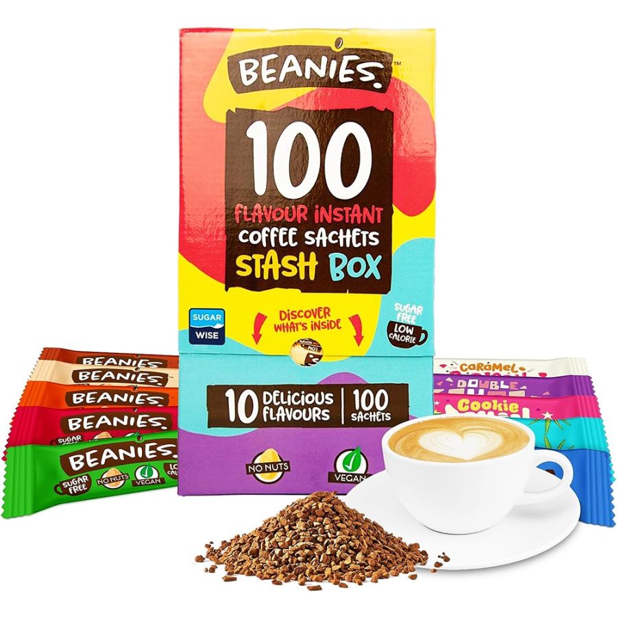 Beanies 100 Mixed Stash Box -låda med smaksatt snabbkaffe, 100 portionsförpackningar