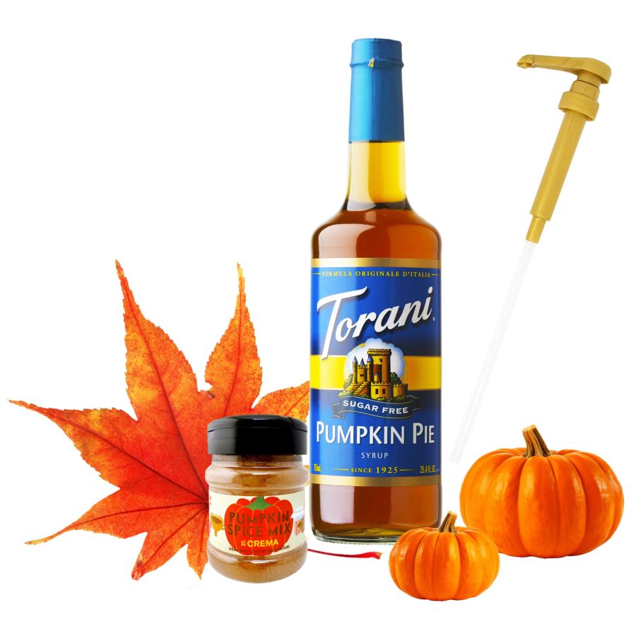 Crema Pumpkin Spice mausteseos 100 g + Torani Pumpkin Pie sokeriton makusiirappi 750 ml + pumppu