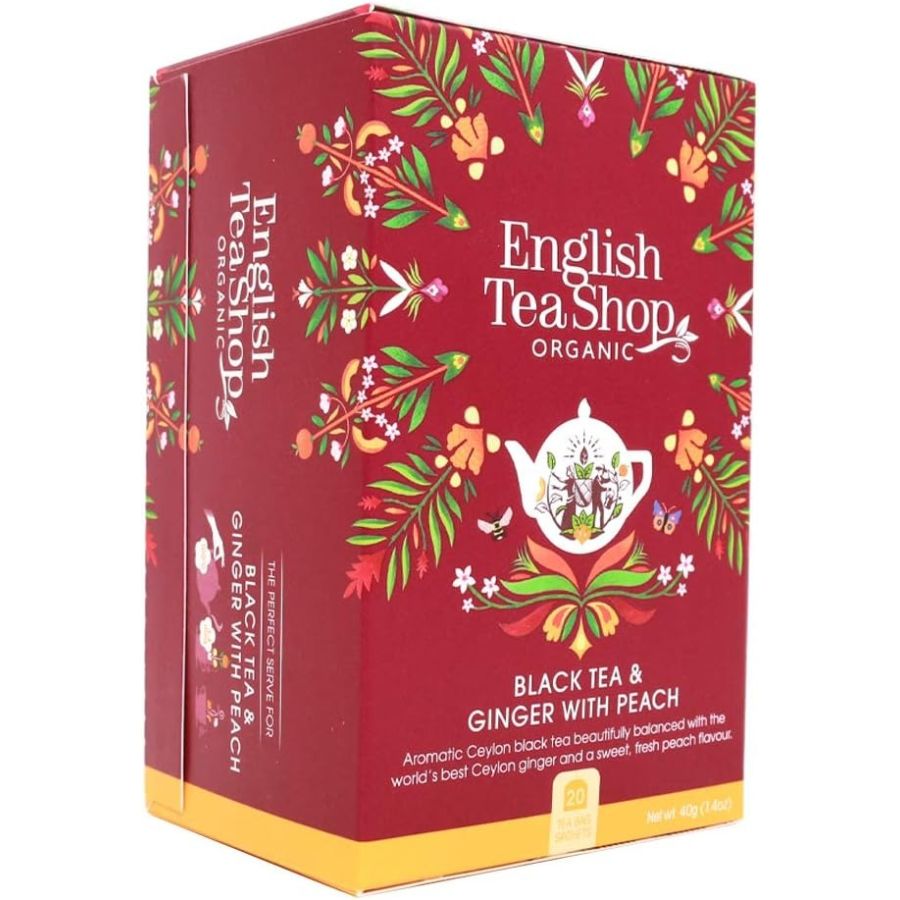 English Tea Shop Organic Black Tea & Ginger With Peach, 20 teepussia