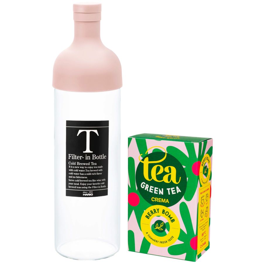 Hario Filter-In-Bottle -teepullo 750 ml + Crema Green Tea Berry Bomb 85 g