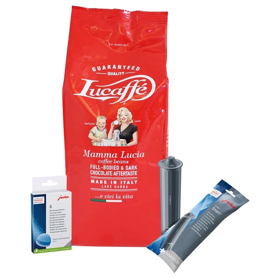 Jura Claris Smart+ vedensuodatin + puhdistustabletit 6 kpl + Lucaffé Mamma Lucia 1 kg kahvipavut