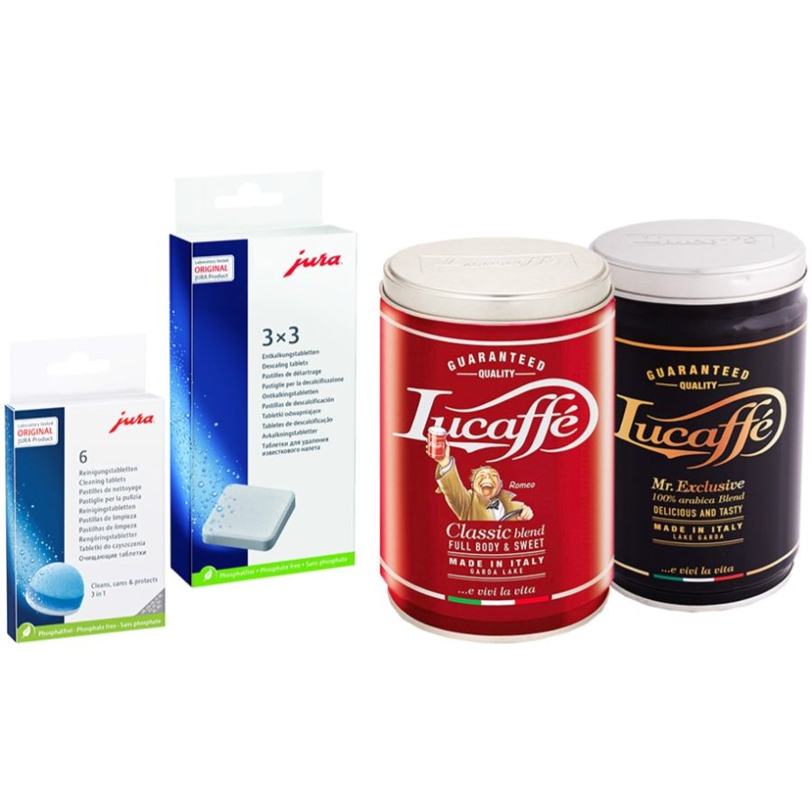 Jura puhdistustabletit 6 kpl + kalkinpoistotabletit 3 x 3 + Lucaffé Classic 250 g + Lucaffé Mr. Exclusive 250 g