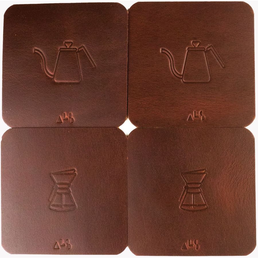Kanso Coffee Handmade Leather Coaster Set of 4, Red Brown