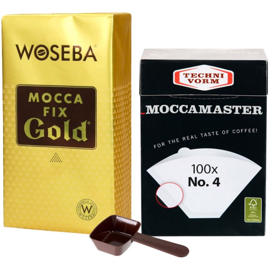Moccamaster kahvimitta & suodatinpaperit 100 kpl + Woseba Mocca Fix Gold 500 g