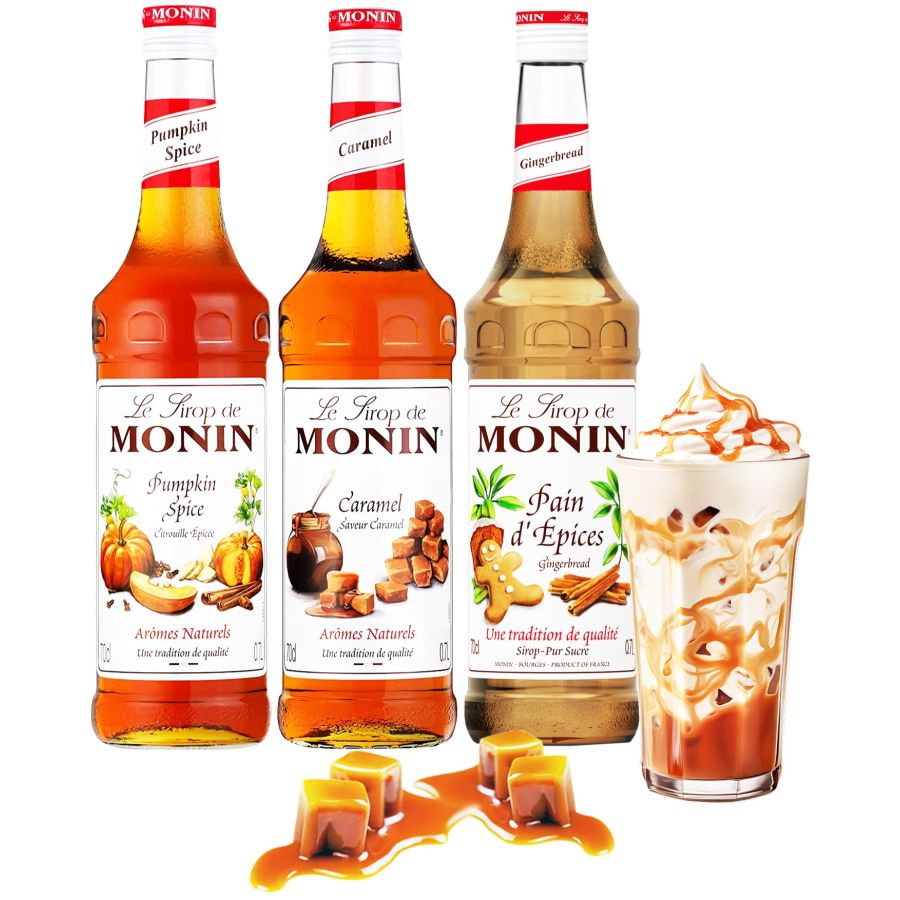 Monin Caramel + Pumpkin Spice + Gingerbread makusiirappisetti 3 x 700 ml