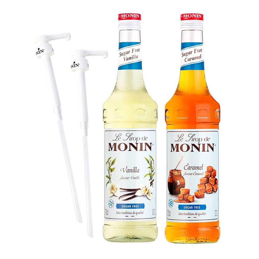 Monin sokeriton Vanille 700 ml + sokeriton Caramel 700 ml + 2 kpl Monin-siirappipumppu