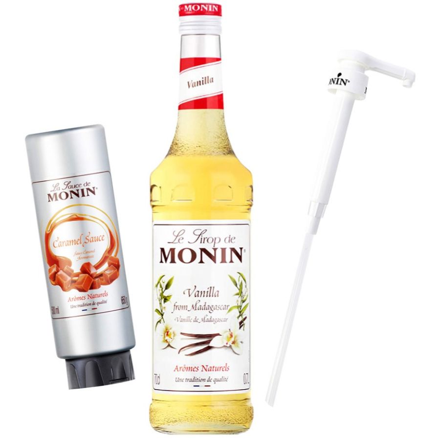 Monin Vanilla 700 ml + Monin karamellsås 500 ml + Monin-syrupspump