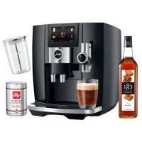 Jura J8 Piano Black -kahviautomaatti + lasinen maitosäiliö + Maison Routin 1883 Caramel makusiirappi 1 l + illy Intenso 250 g kahvipavut