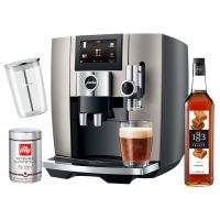 Jura J8 Midnight Silver -kahviautomaatti + lasinen maitosäiliö + Maison Routin 1883 Caramel makusiirappi 1 l + illy Intenso 250 g kahvipavut