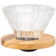 Hario Olive Wood V60 koko 02 lasinen suodatinsuppilo puukauluksella