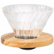 Hario Olive Wood V60 koko 02 lasinen suodatinsuppilo puukauluksella